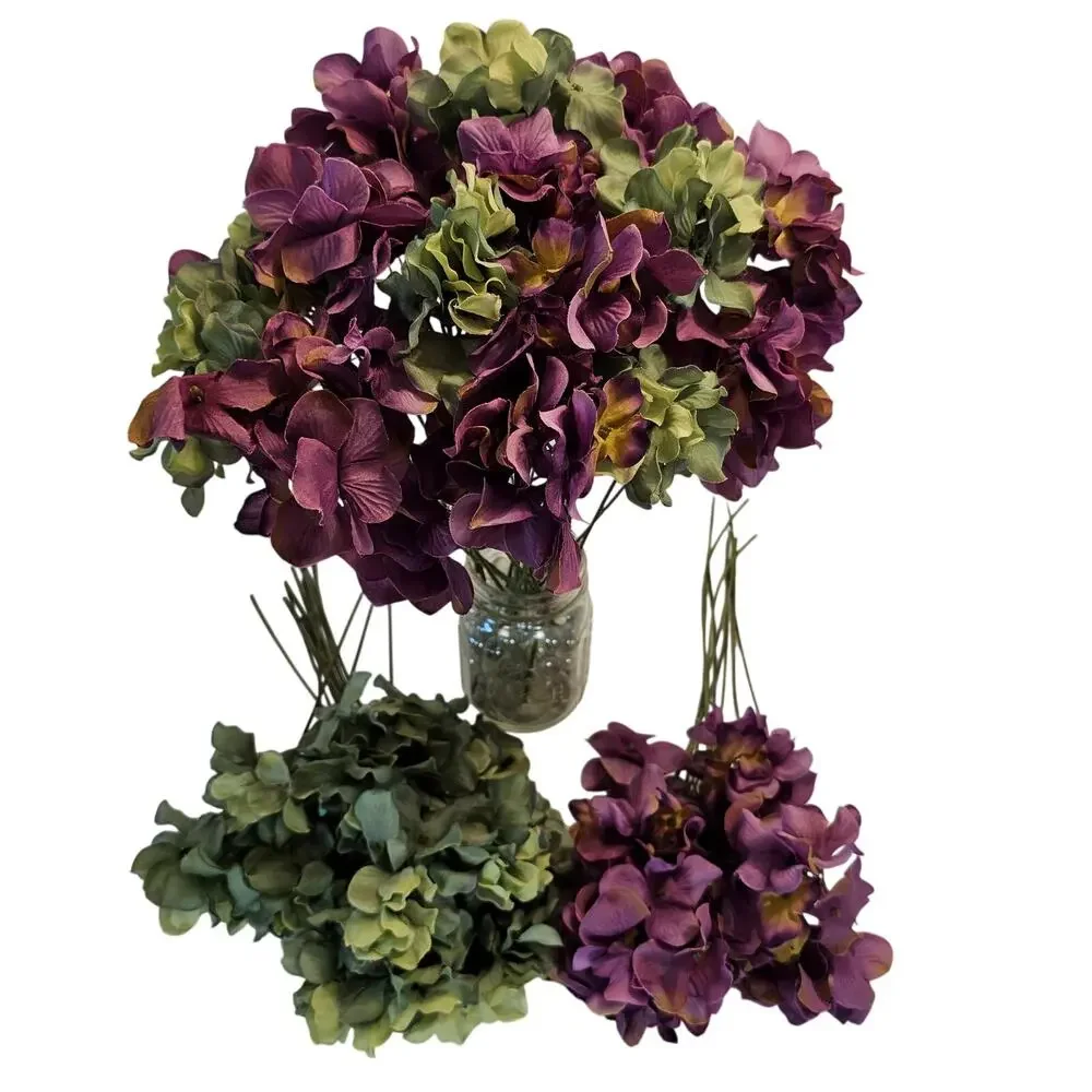 45 Pcs Purple Green Artificial Silk Hydrangea Flower Stem Floral Craft Decor Lot